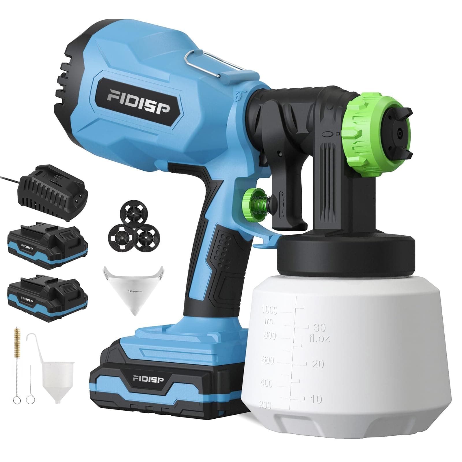 Battery Operated Cordless Paint Sprayer Kit with 2 Batteries and 3 Nozzles