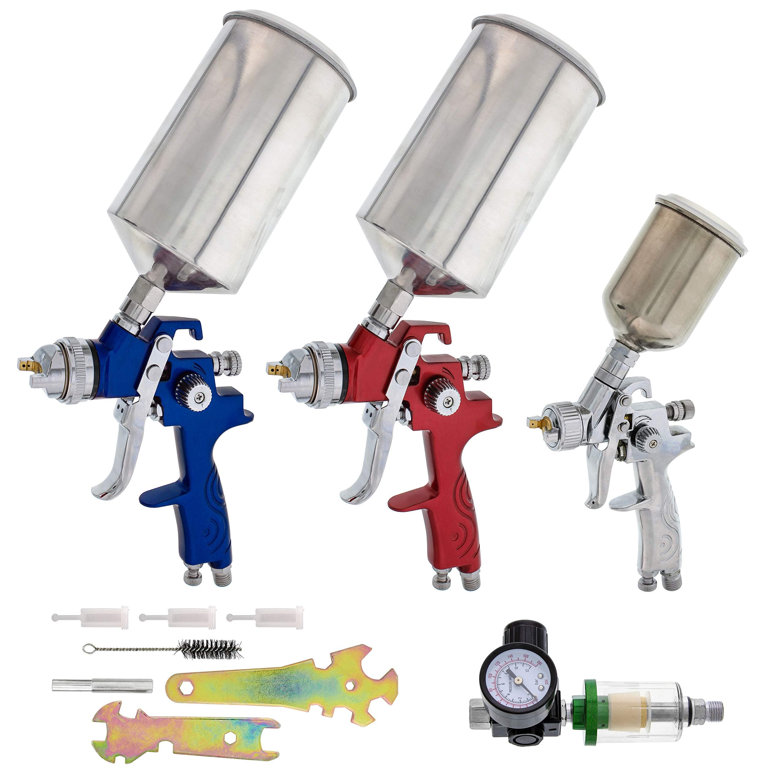 TCP Global HVLP Spray Gun Set - 3 Paint Guns, Cups, Air Regulator & Maintenance Kit
