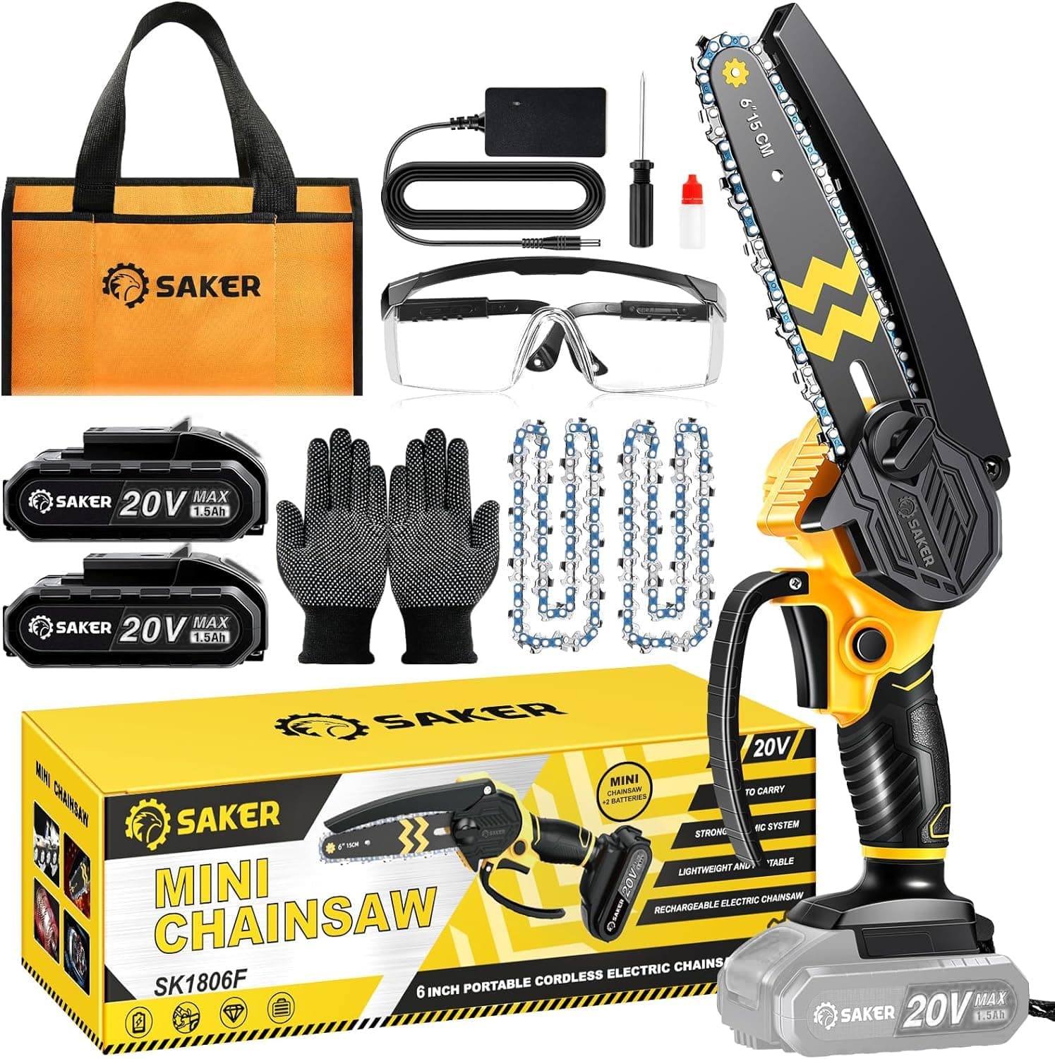 Saker Mini Cordless Chain Saw 6-Inch Lock-Switch Woods Cutting