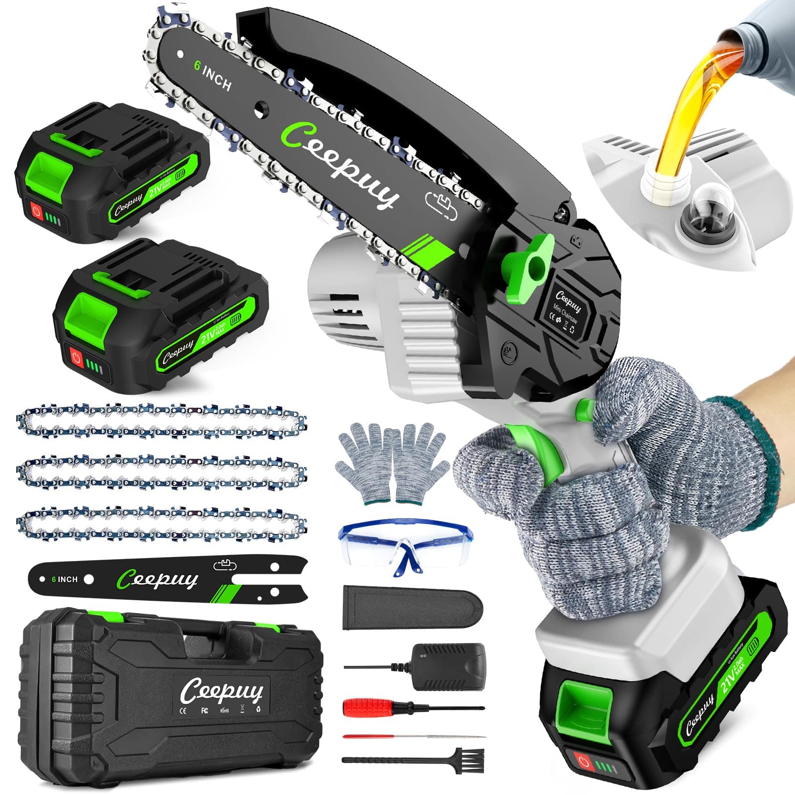 Portable Cordless 6 Inch Chain Saw with Auto Oiler & Security Lock for Wood Cutting