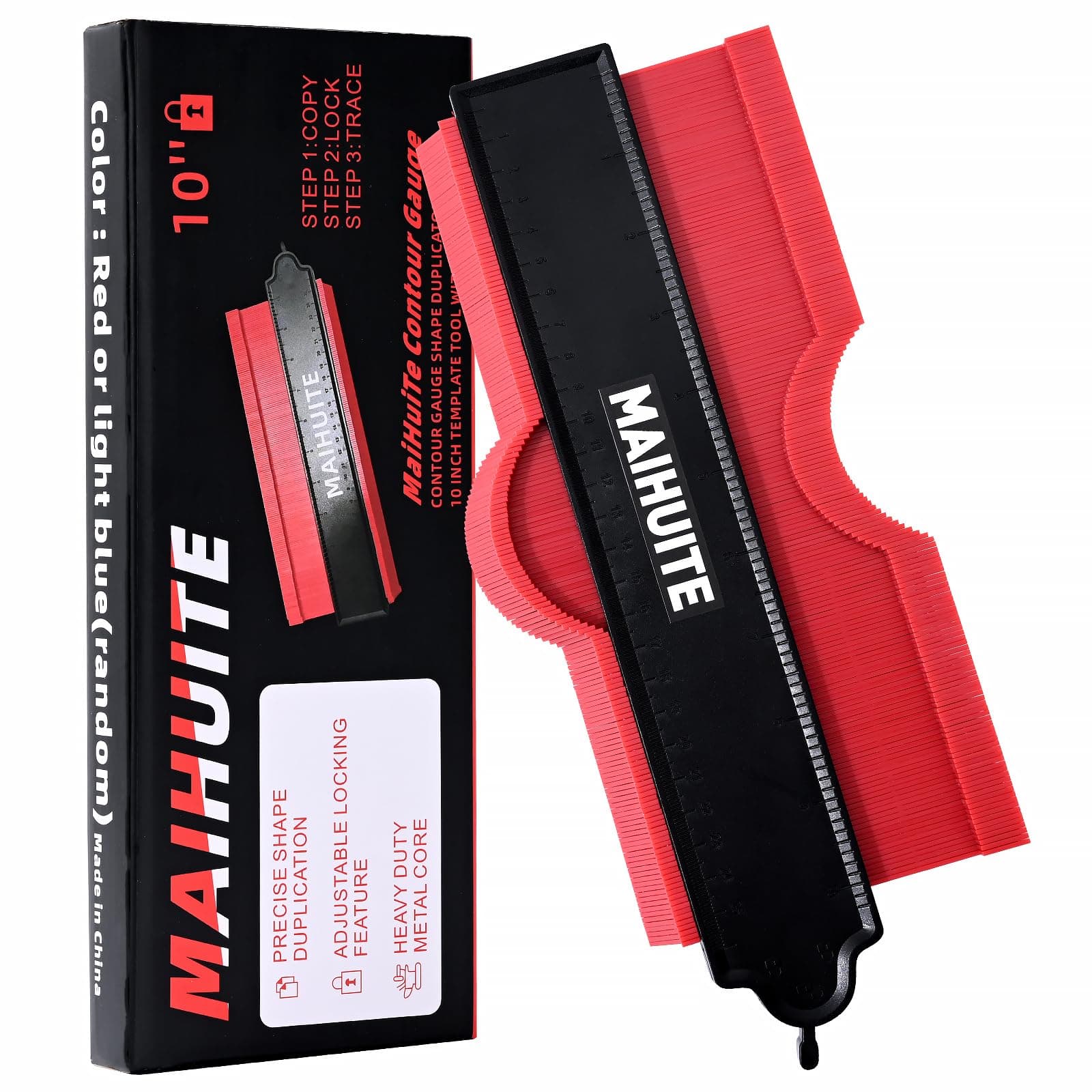 10" Adjustable Lock Contour Duplication Gauge, Precise Irregular Tracing Tool for DIY Handymen, Construction (RED)